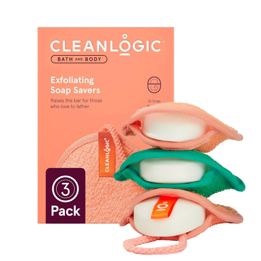 Cleanlogic exfoliating soap saver pack front view in assorted colors for daily exfoliation