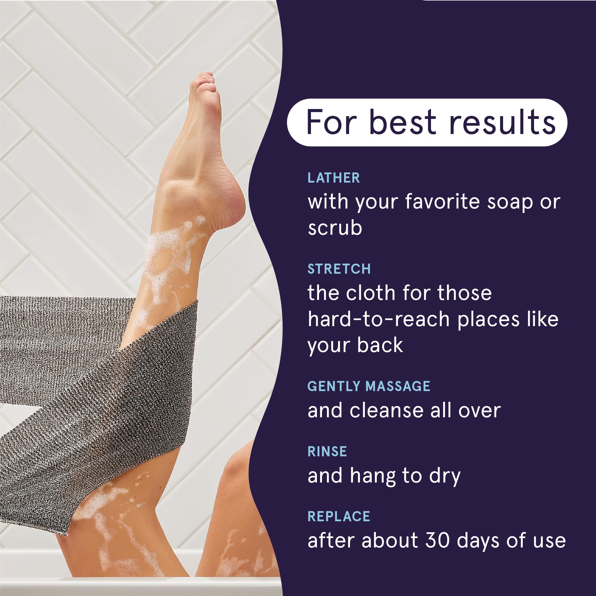 Cleanlogic bath shower exfoliator grip shot emphasizing easy handling during your shower routine.