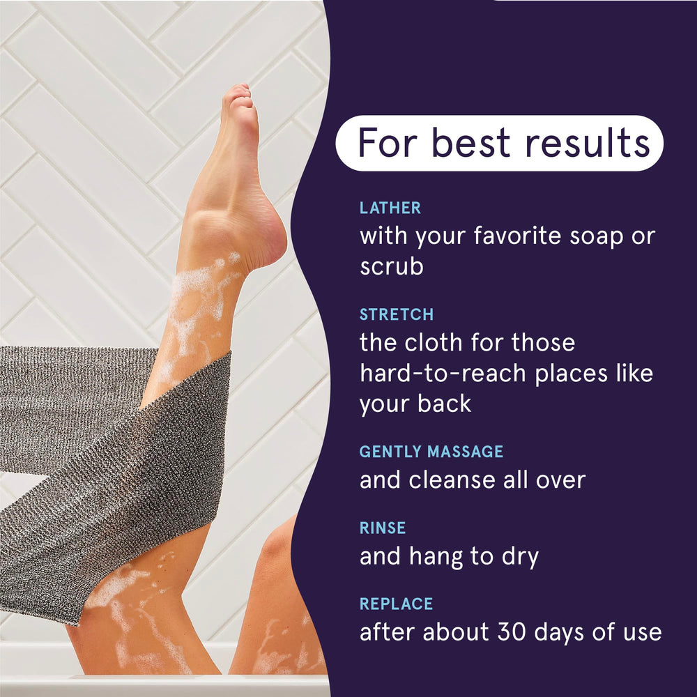 Cleanlogic bath shower exfoliator grip shot emphasizing easy handling during your shower routine.