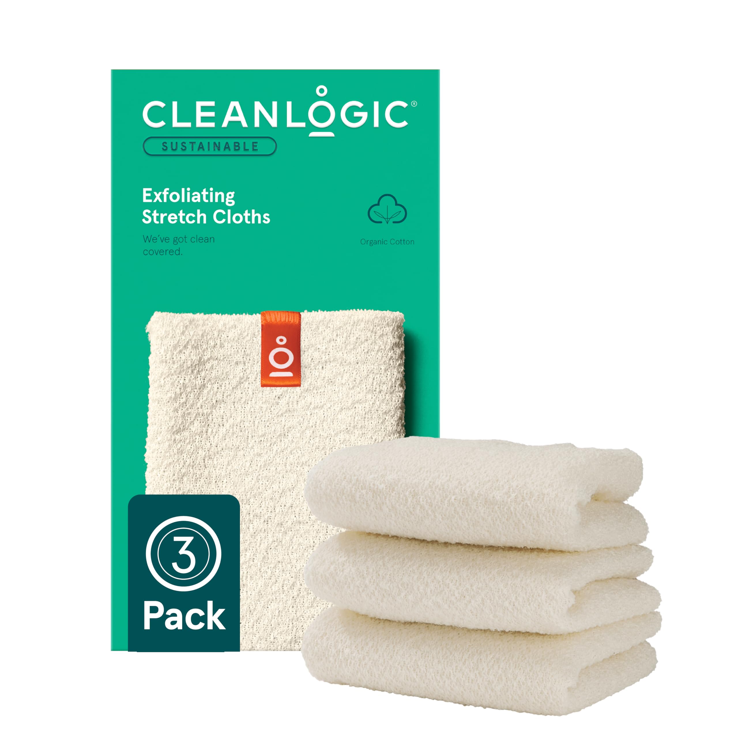 Cleanlogic body exfoliating cloth in packaging highlights eco-friendly design and reusable skincare tool.