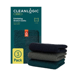 Cleanlogic body exfoliating cloth packaging highlights accessible design for inclusive use.