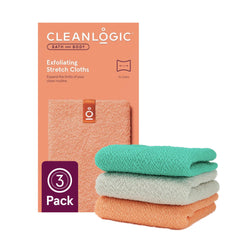 Cleanlogic body exfoliating cloth stretched for hard-to-reach areas during a shower.