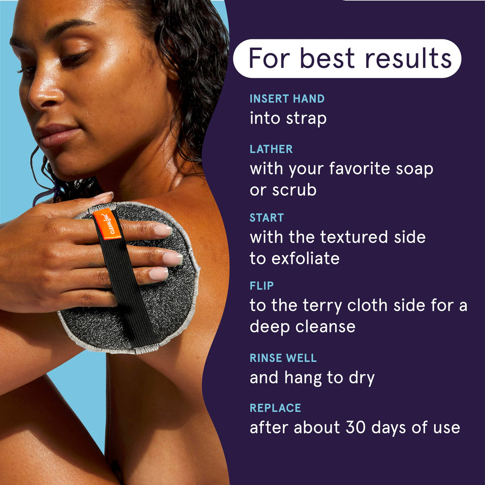 Cleanlogic body scrubber visual of smoothing skin during daily showers
