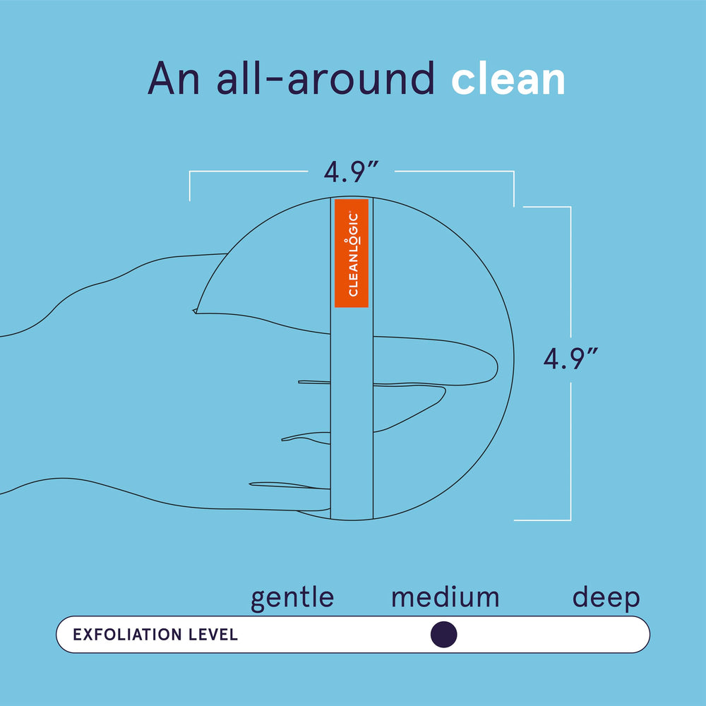 Cleanlogic charcoal-infused scrubber close-up shows impurity removal for radiant skin