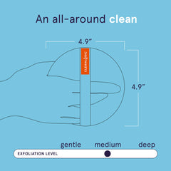 Cleanlogic charcoal-infused scrubber close-up shows impurity removal for radiant skin