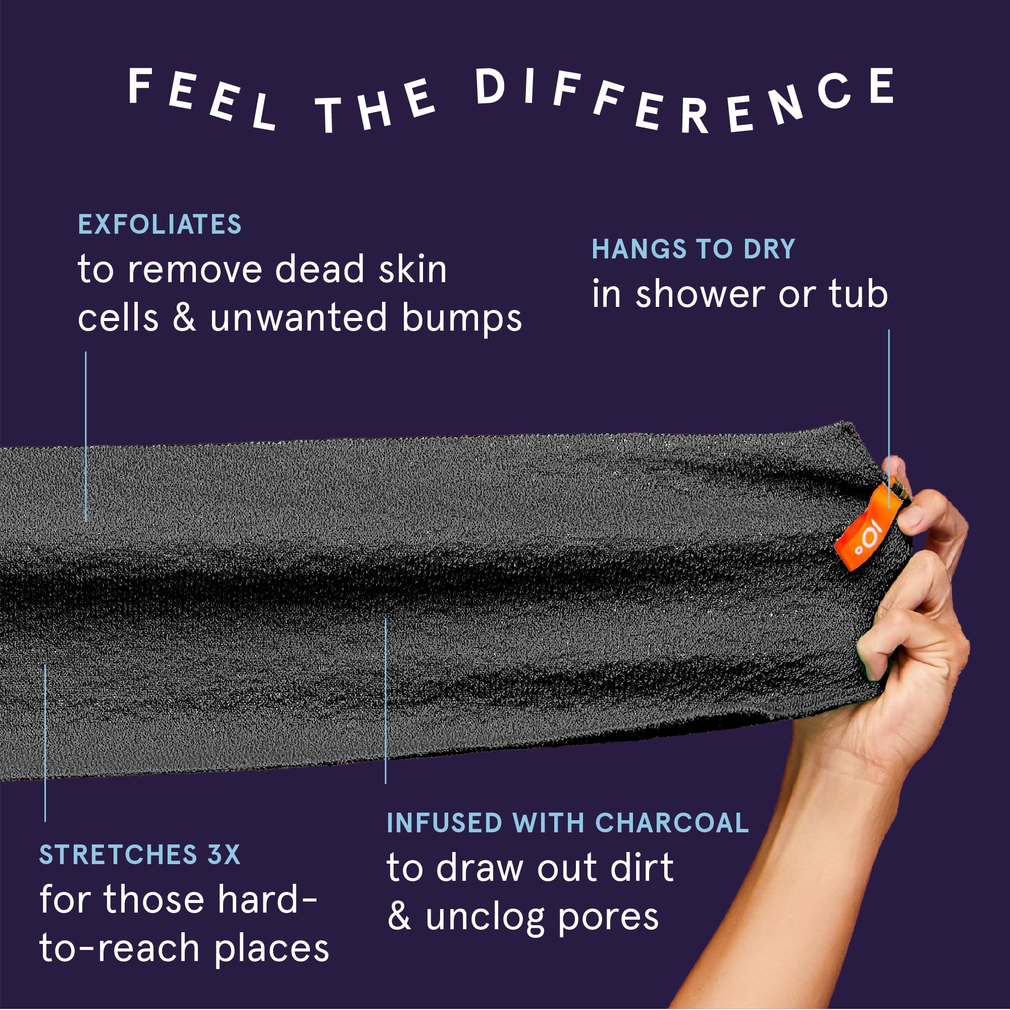 Cleanlogic detox charcoal infused washcloth illustrating detoxifying exfoliation for revitalized skin.