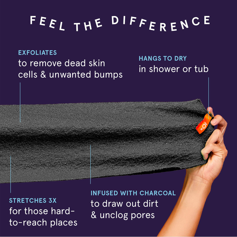 Cleanlogic detox charcoal infused washcloth illustrating detoxifying exfoliation for revitalized skin.