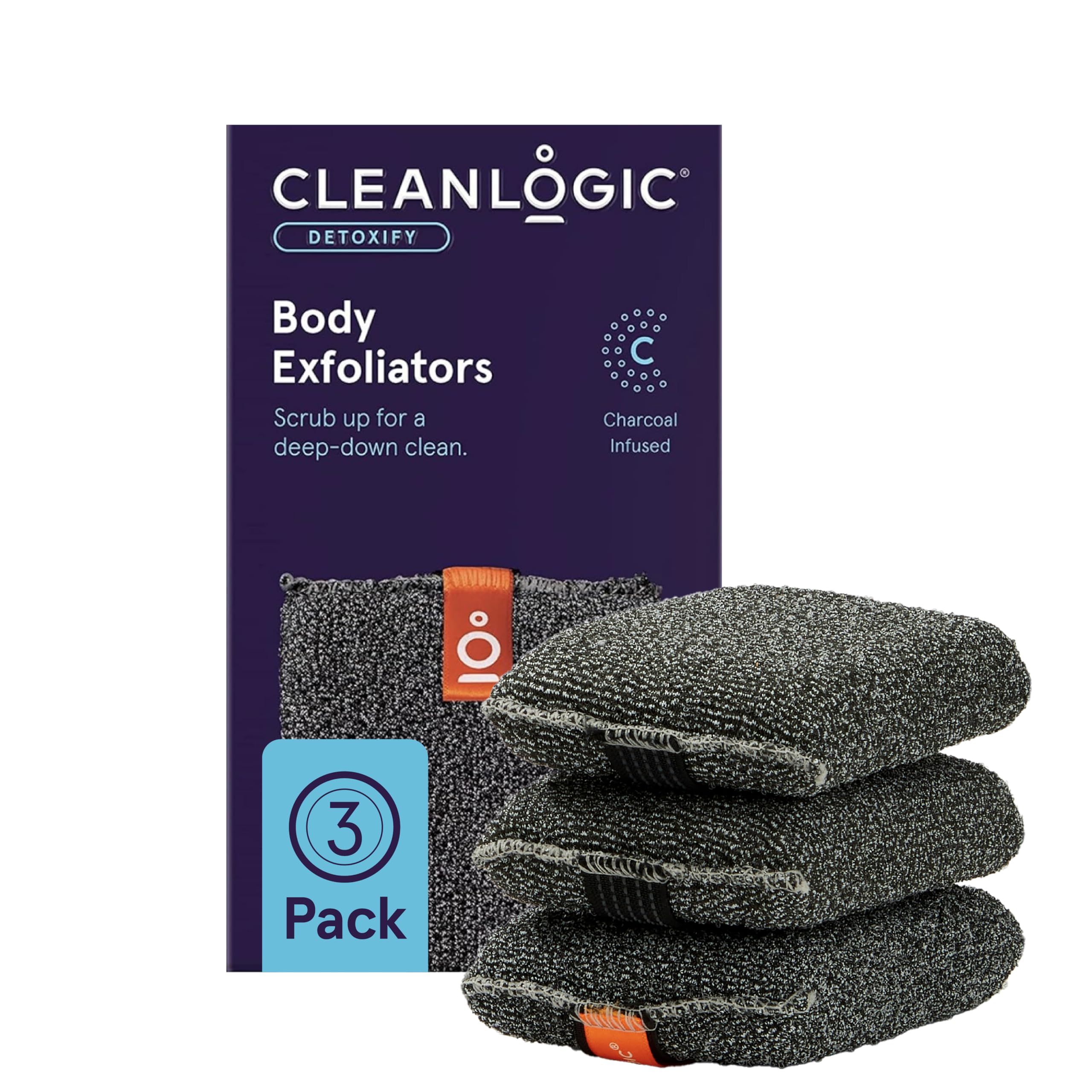 Cleanlogic Detoxify Scrubber front view showcasing reusable charcoal exfoliator for smoother skin.