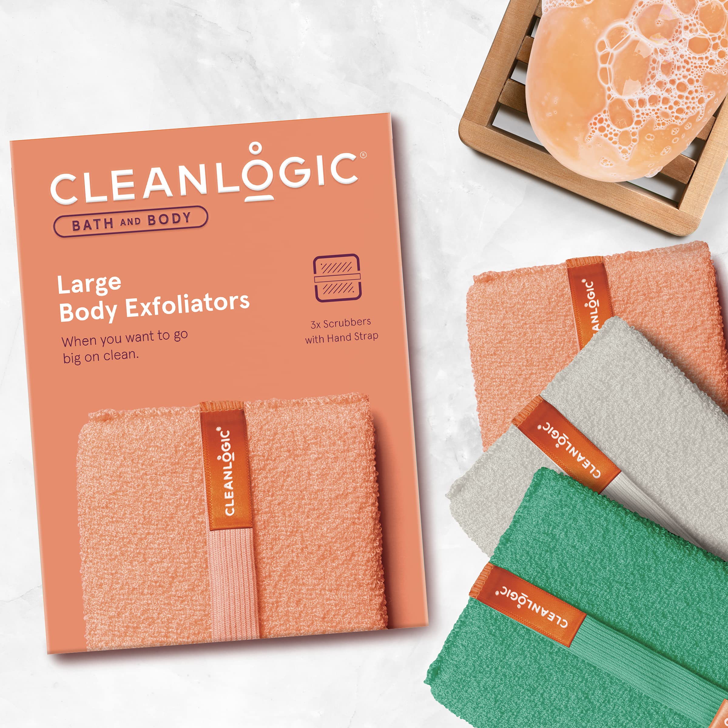 Cleanlogic exfoliating body scrubber large texture closeup showing deep cleansing potential.