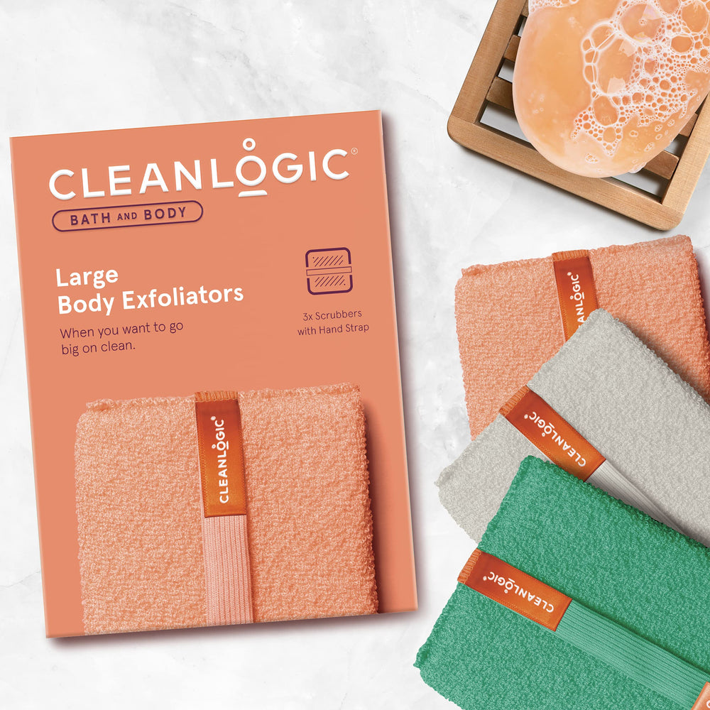 Cleanlogic exfoliating body scrubber large texture closeup showing deep cleansing potential.