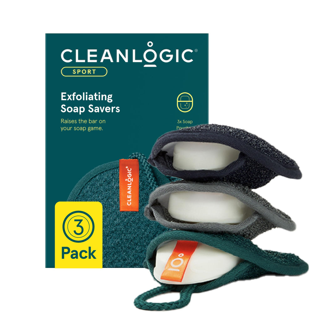 Cleanlogic Men Exfoliating Soap Saver three-pack for post-workout cleansing.