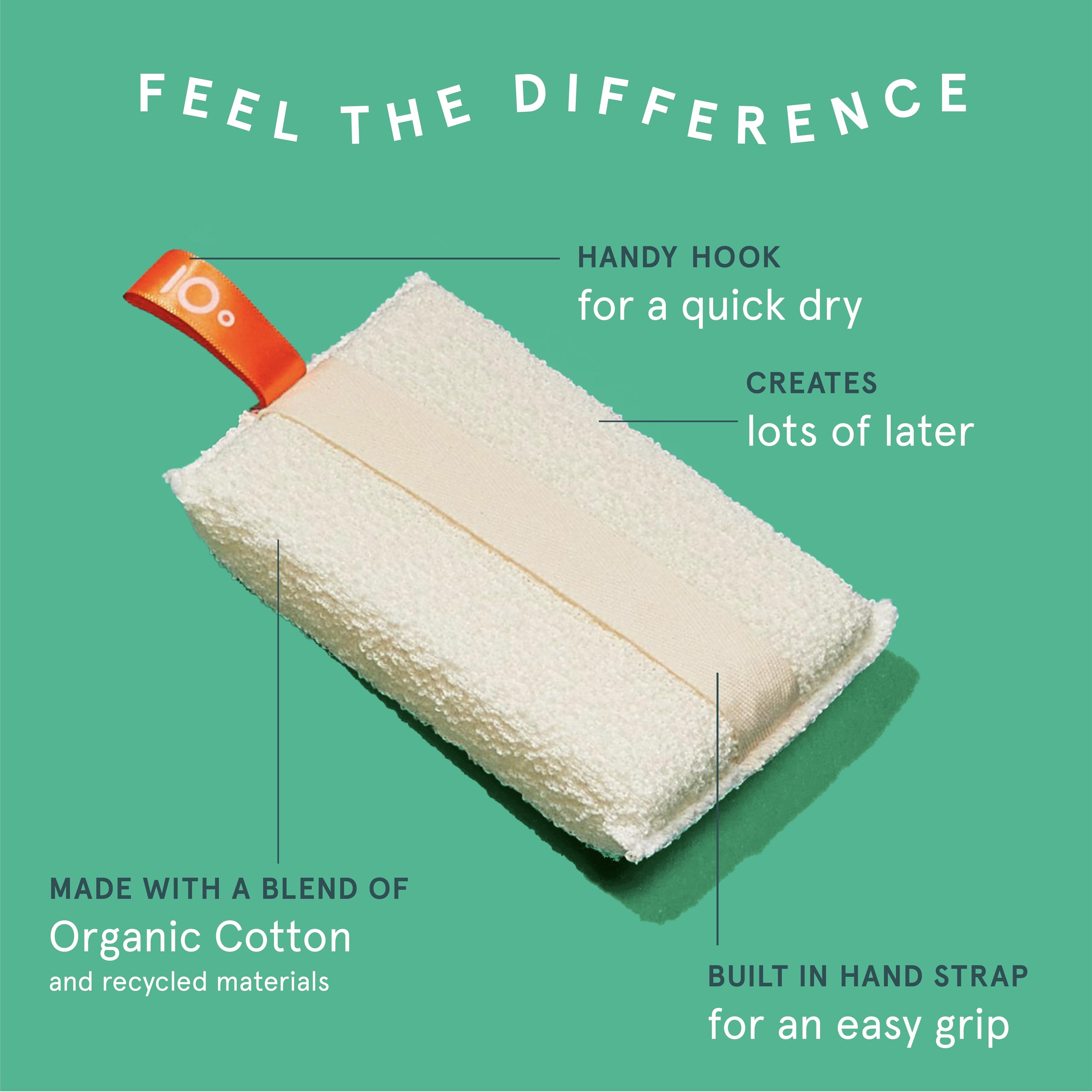 Cleanlogic Organic Cotton Exfoliating Body Scrubber in hand-use demonstrates effective circular motions for smoother skin.