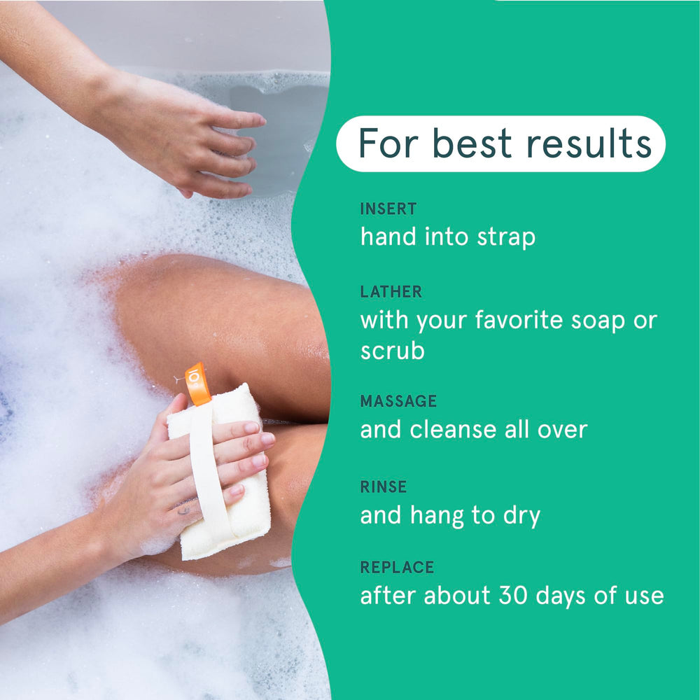 Cleanlogic Organic Cotton Exfoliating Body Scrubber in-shower demonstrates cleansing action during a shower.