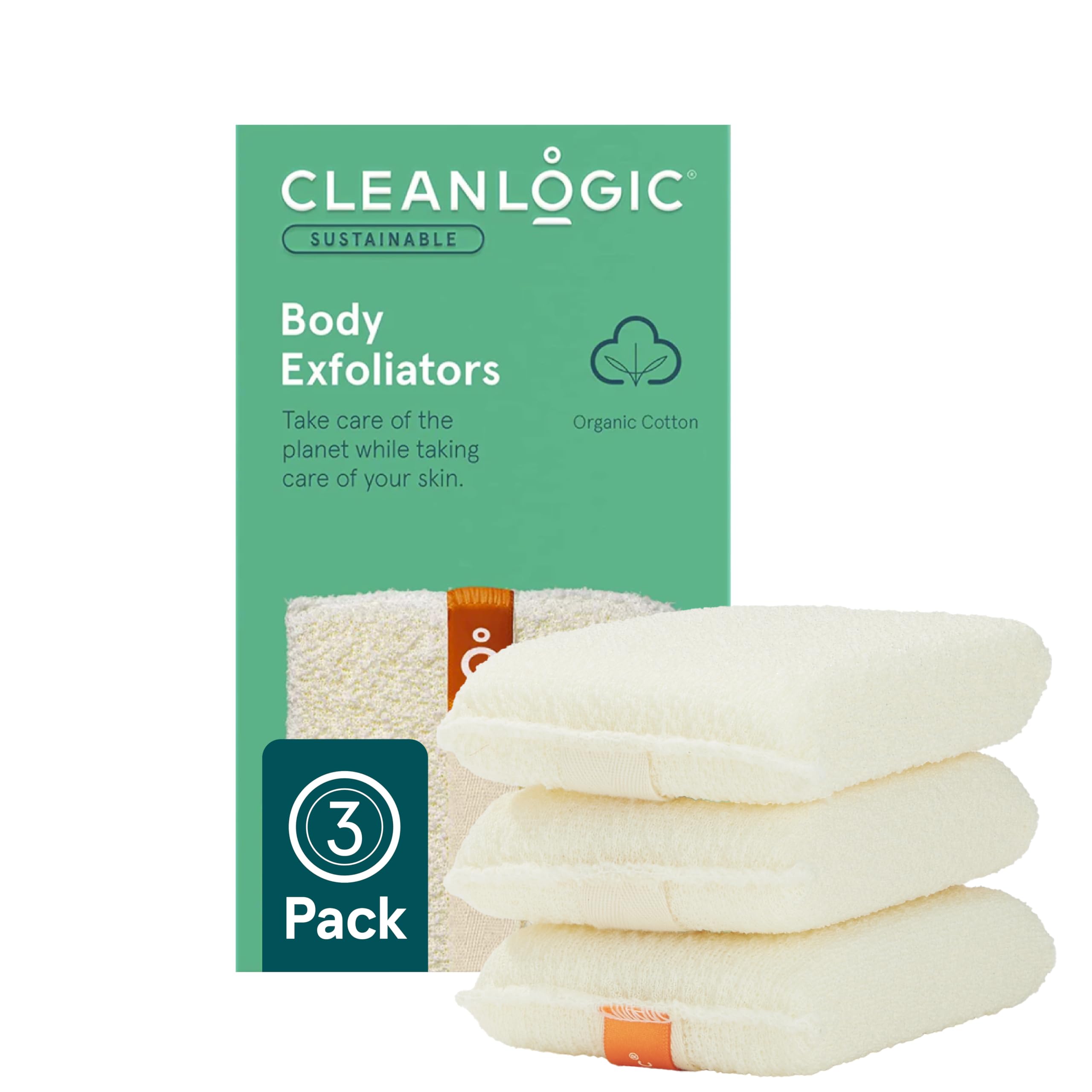 Cleanlogic Organic Cotton Exfoliating Body Scrubber pack shot boosts skincare routine with a reusable design.