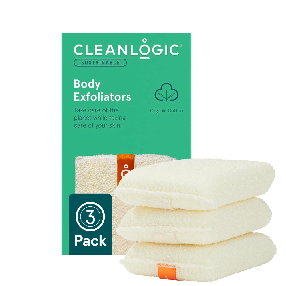 Cleanlogic Organic Cotton Exfoliating Body Scrubber pack shot boosts skincare routine with a reusable design.