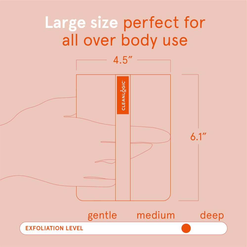 Cleanlogic scrubber in shower scene illustrating easy grip and routine exfoliation.