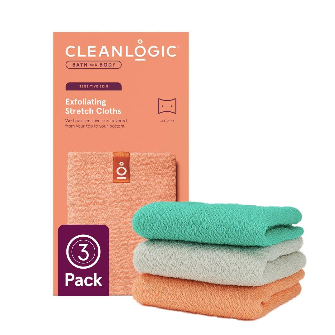 Cleanlogic stretch bath cloth demonstrates full-body reach for a thorough, gentle exfoliation