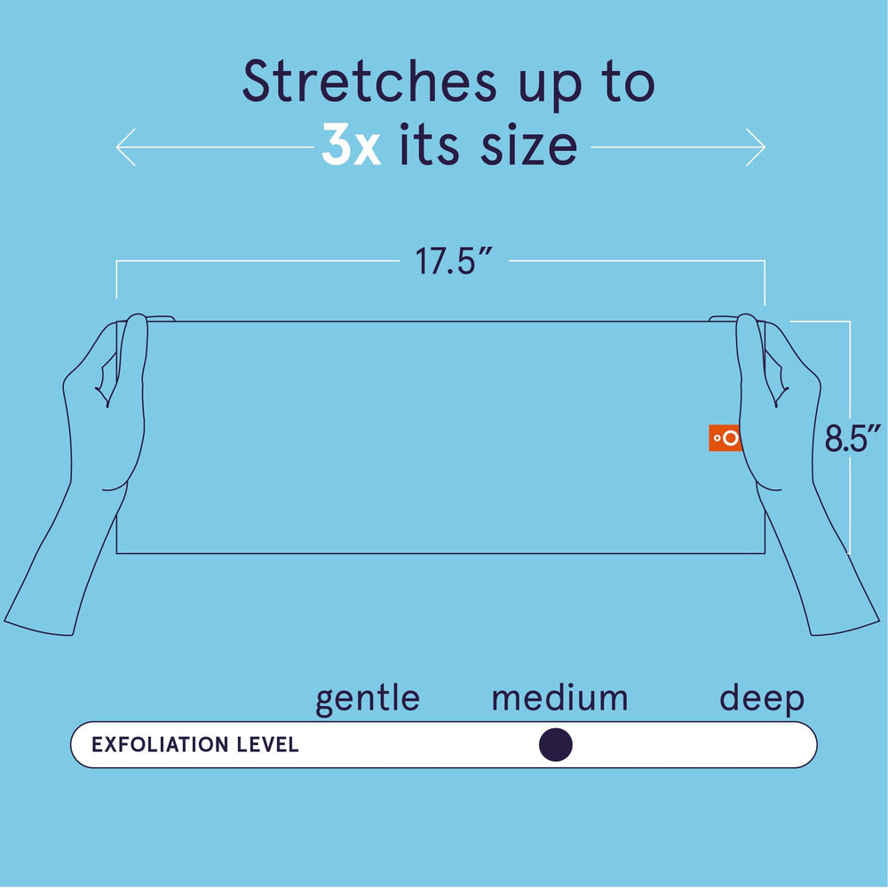 Cleanlogic stretchy exfoliating cloth close-up highlighting flexible texture for comfortable full-body scrubbing.