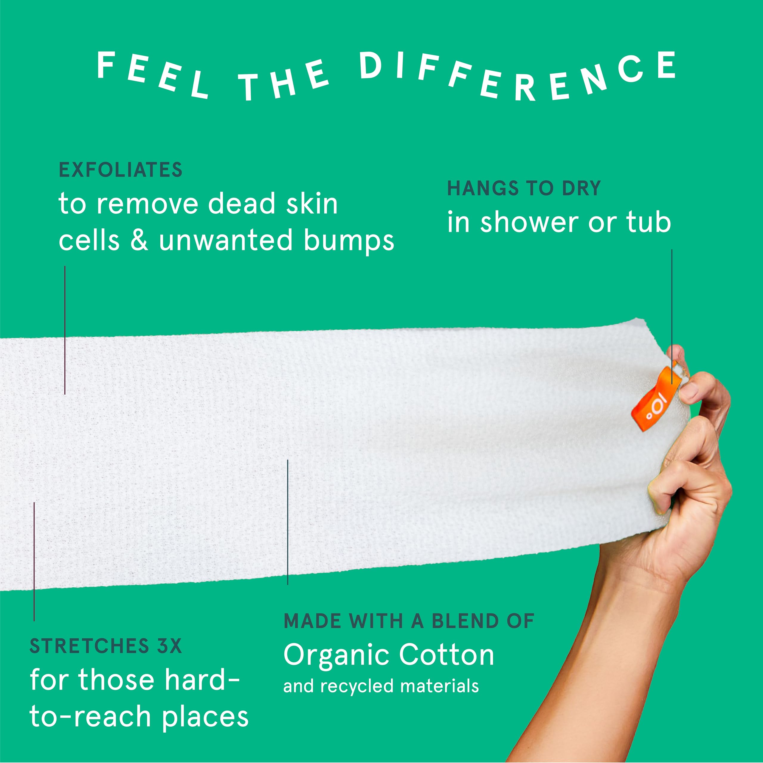 Cleanlogic stretchy organic cotton exfoliator close-up shows soft fibers for gentle cleansing.