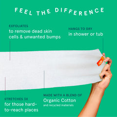 Cleanlogic stretchy organic cotton exfoliator close-up shows soft fibers for gentle cleansing.