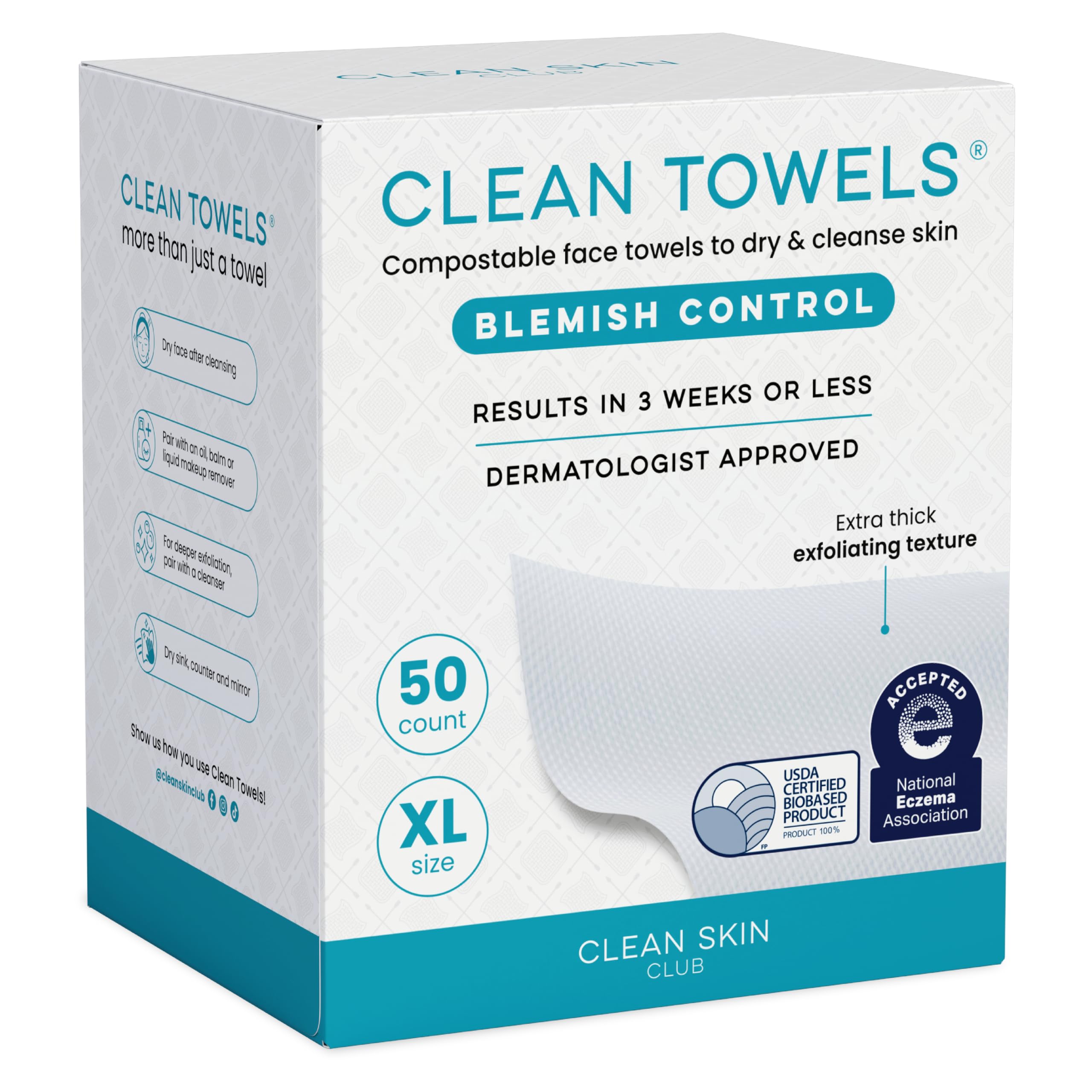 Clean Skin Club blemish-control towels XL pack: disposable, dermatologist-approved for oil-control routines.