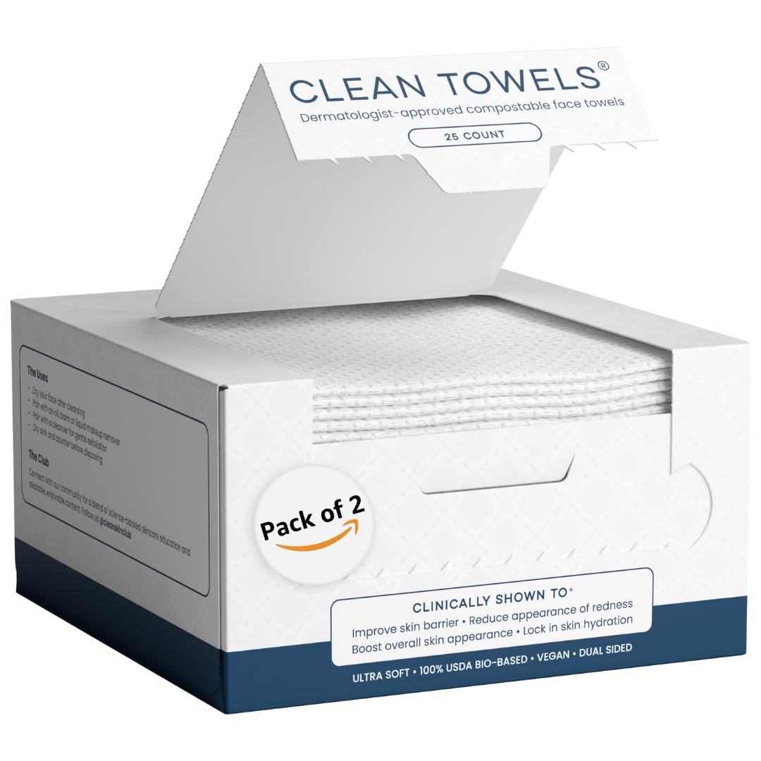 Clean Skin Club Clean Towels pack front — two 25-count packs for on-the-go skincare.