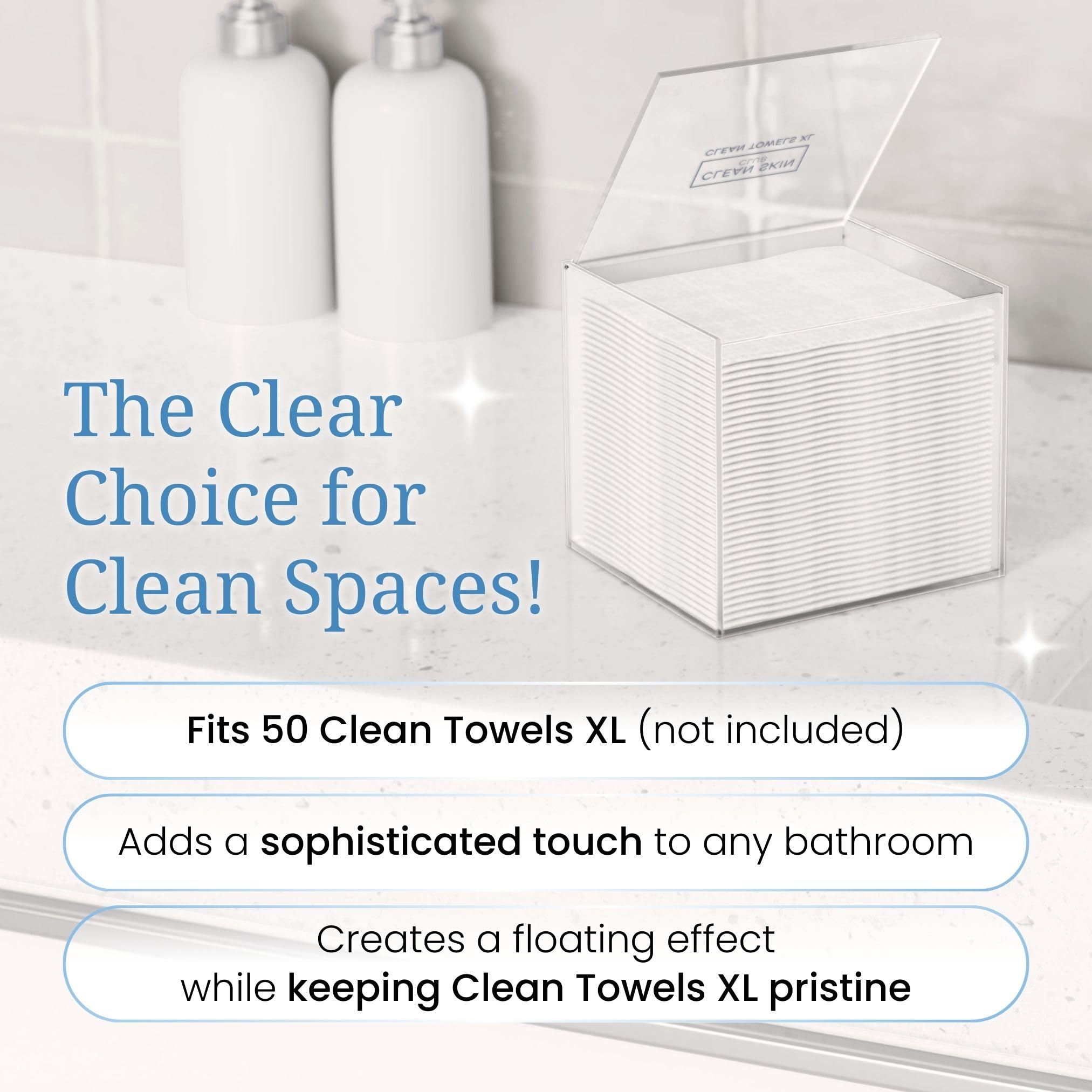 Cleanskin Club counter storage near sink keeps towels neatly organized.