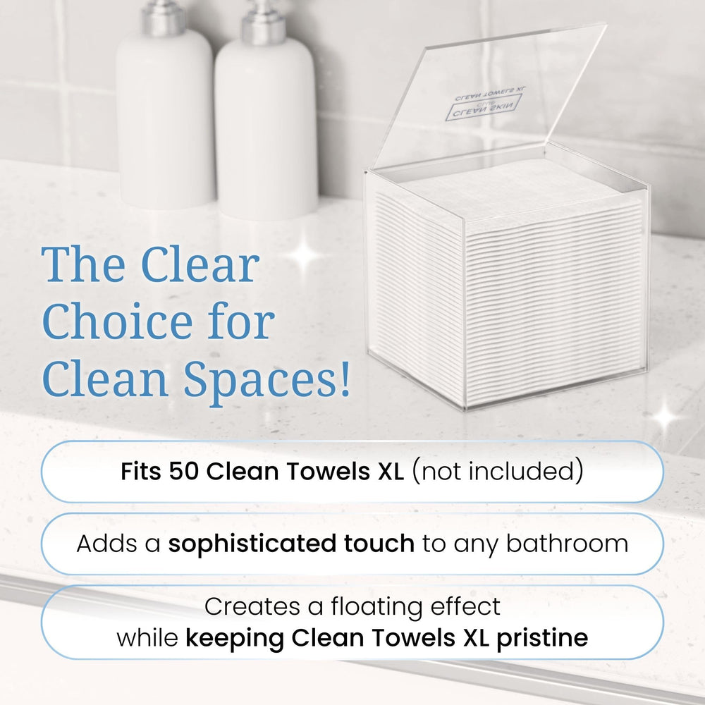 Cleanskin Club counter storage near sink keeps towels neatly organized.