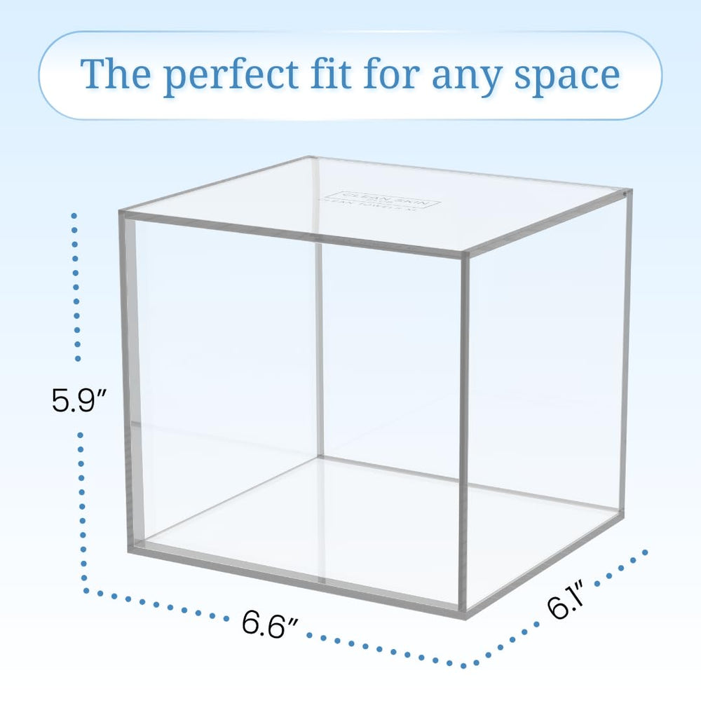 Cleanskin Club clear acrylic box interior holds up to 50 towels securely.