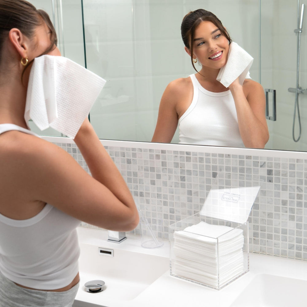 Cleanskin Club clear acrylic box lid-open view for quick towel access.