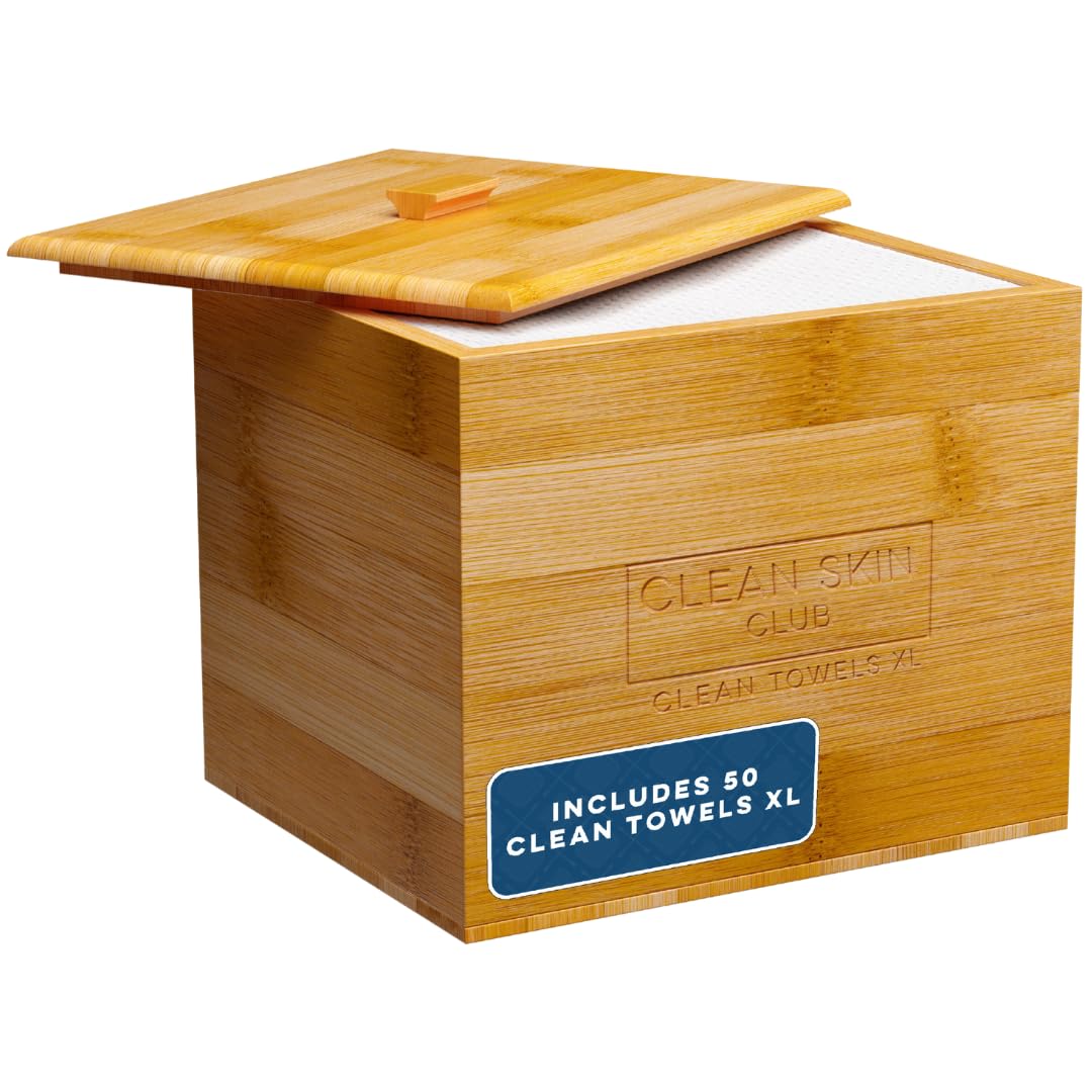 CLEAN SKIN CLUB Luxe Bamboo container with removable cover keeps towels neatly organized.