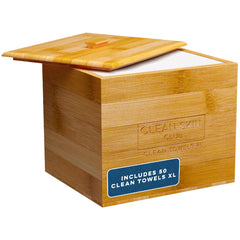 CLEAN SKIN CLUB Luxe Bamboo container with removable cover keeps towels neatly organized.