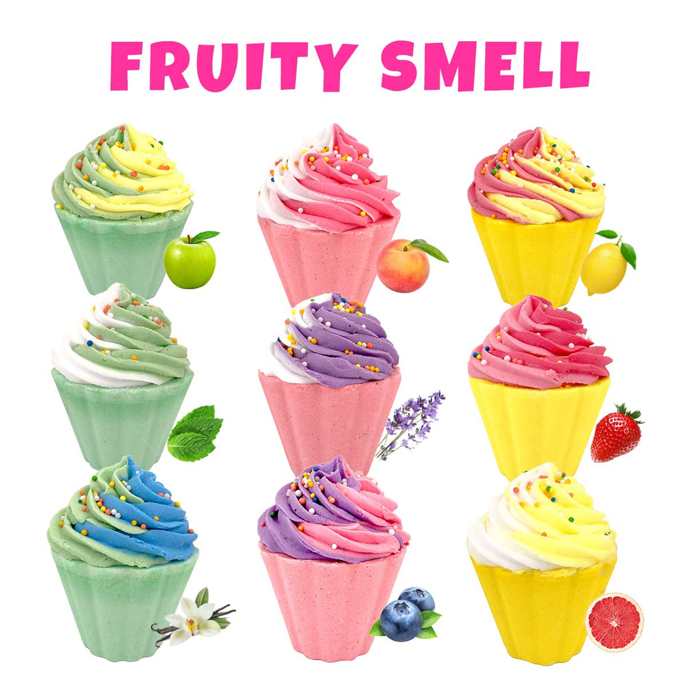 Clear and Fresh cupcake bath bombs float on water, creating bubbles for bath time.
