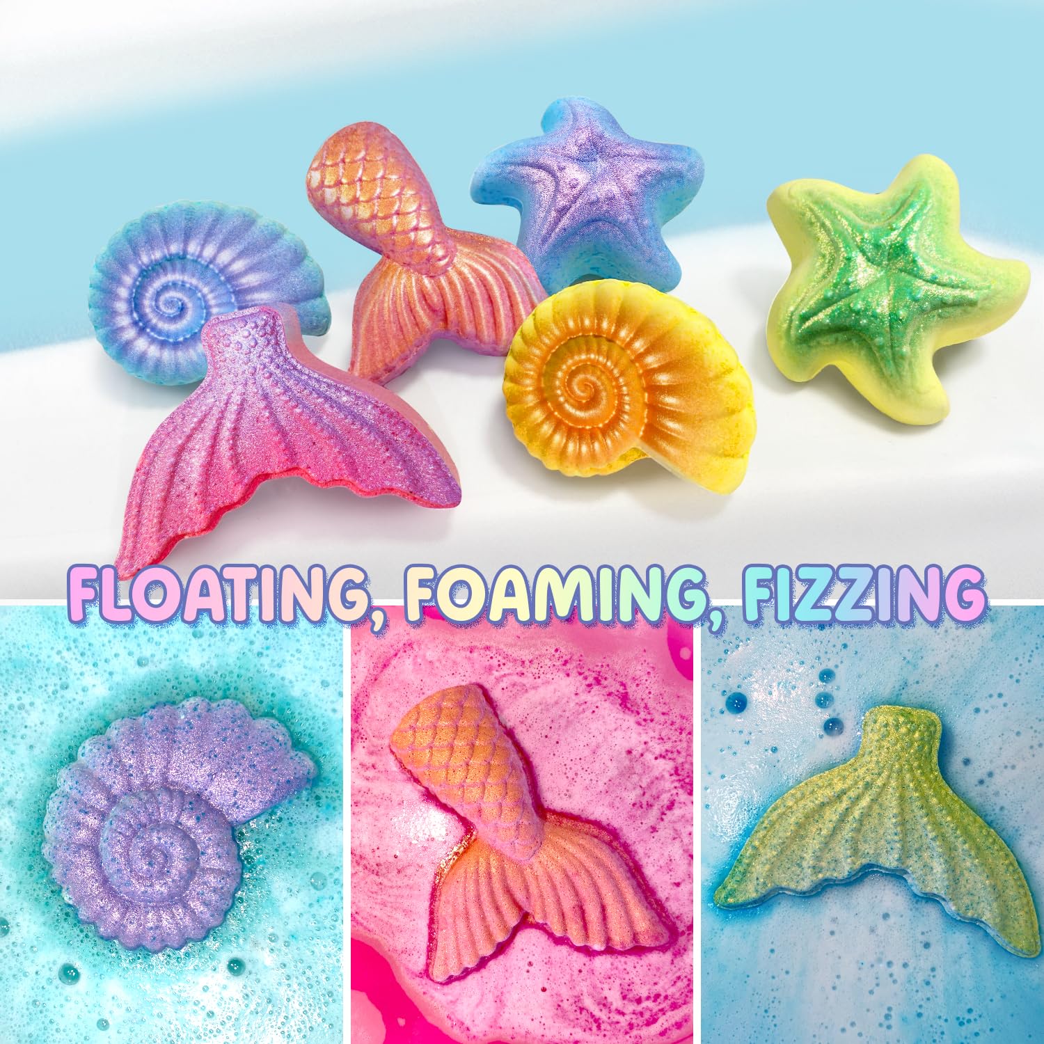 Clear and Fresh mermaid bath bombs showcase turquoise, purple, pearl shimmer for colorful play