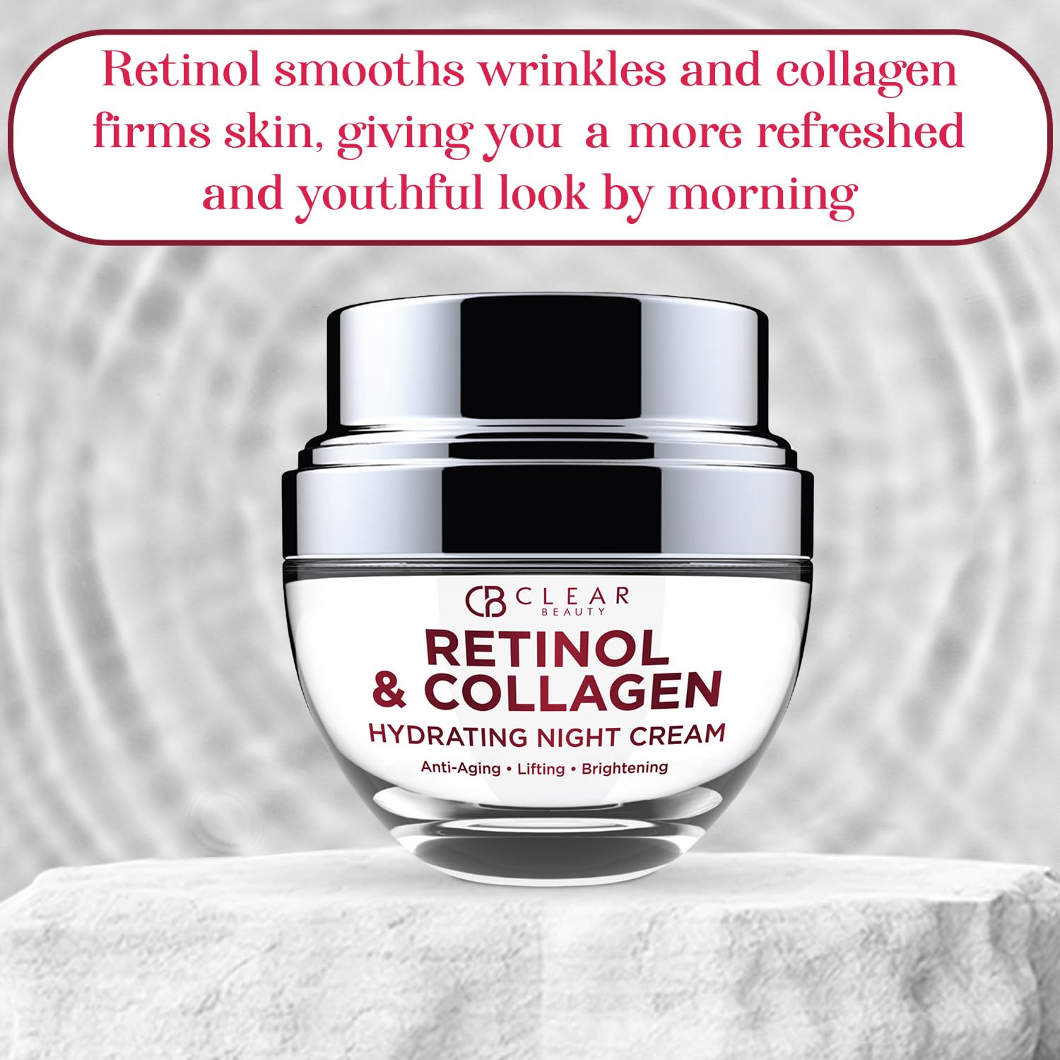 Clear Beauty Collagen & Retinol Night Cream jar-closeup emphasizes rich formula for firming benefits.