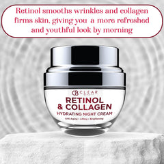 Clear Beauty Collagen & Retinol Night Cream jar-closeup emphasizes rich formula for firming benefits.