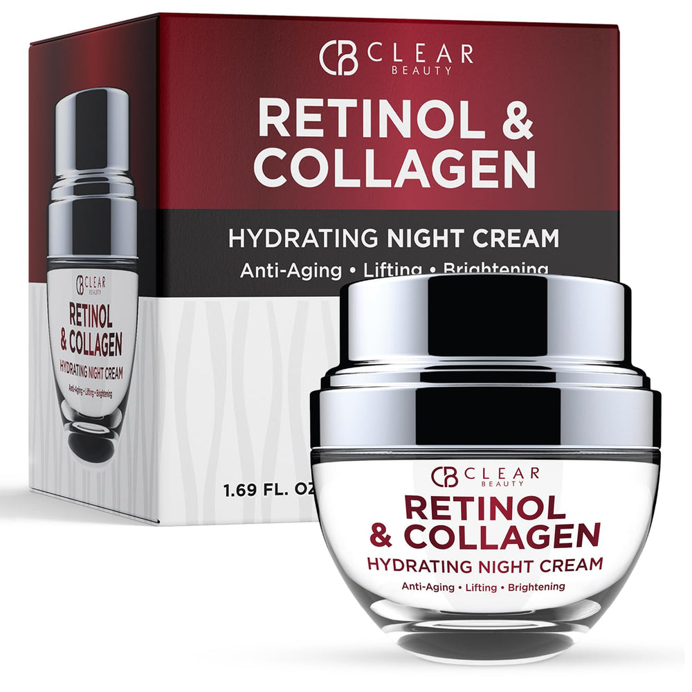 Clear Beauty Collagen & Retinol Night Cream packshot suggests overnight hydration for refreshed skin.