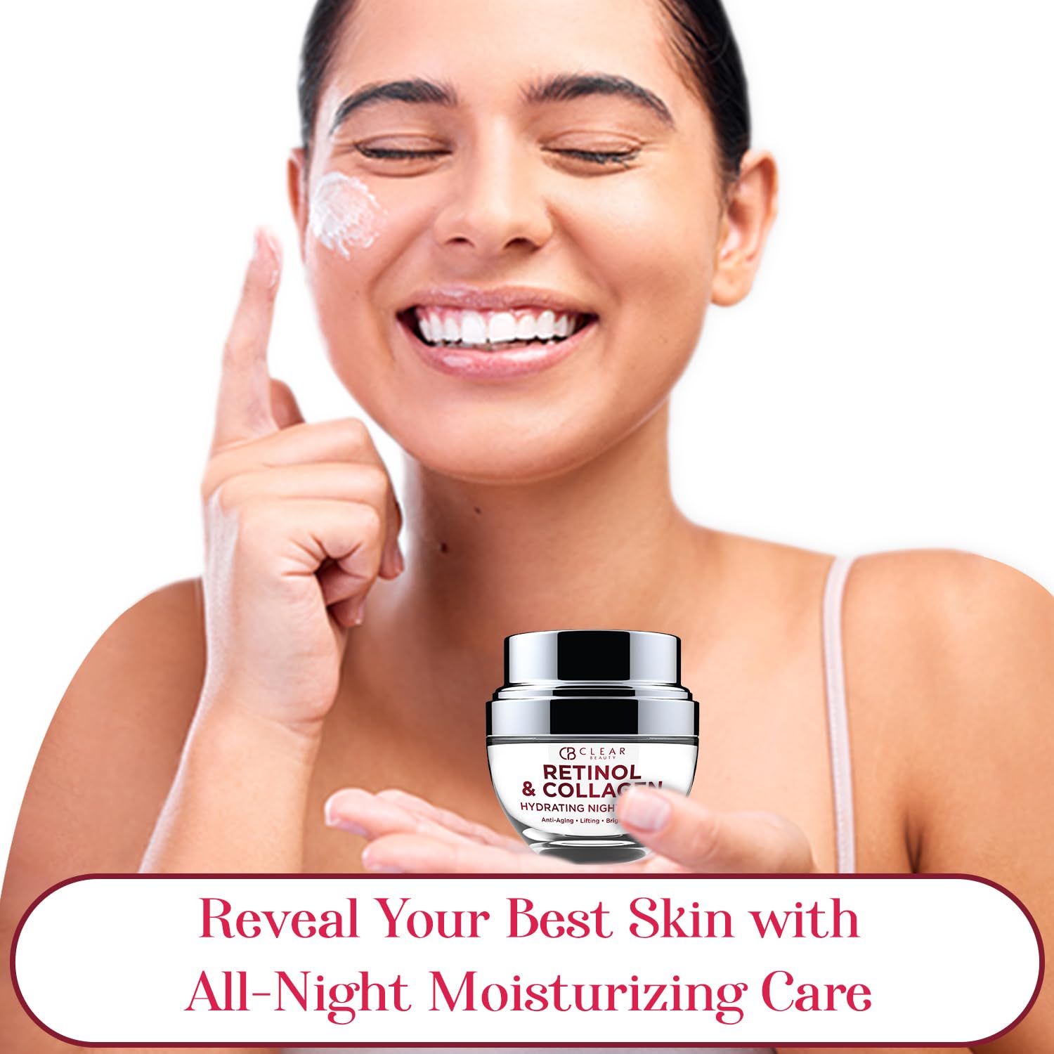 Clear Beauty Collagen & Retinol Night Cream texture-swirl highlights silky, absorbent cream.