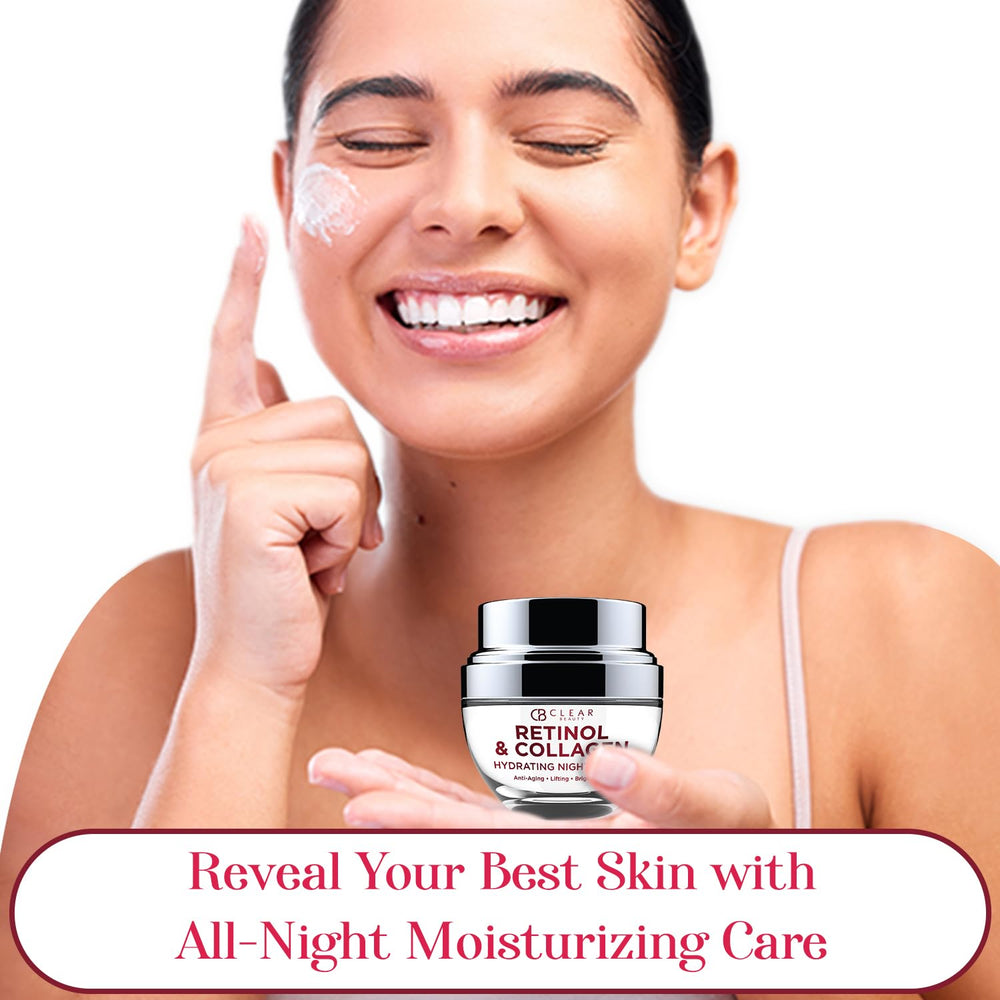 Clear Beauty Collagen & Retinol Night Cream texture-swirl highlights silky, absorbent cream.