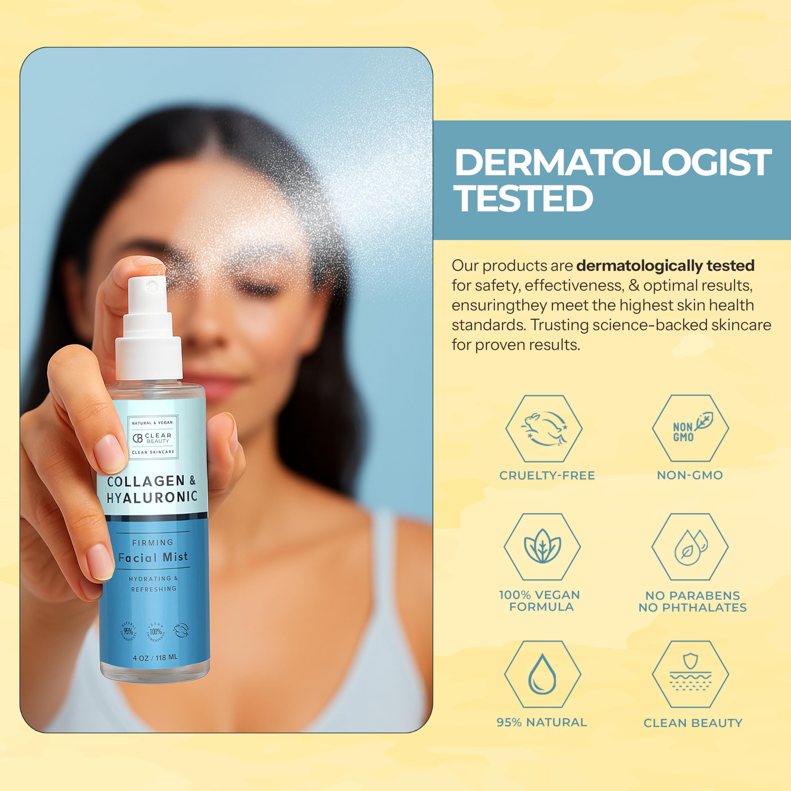 Clear Beauty dermatologist-tested label signals safety and trusted skincare.