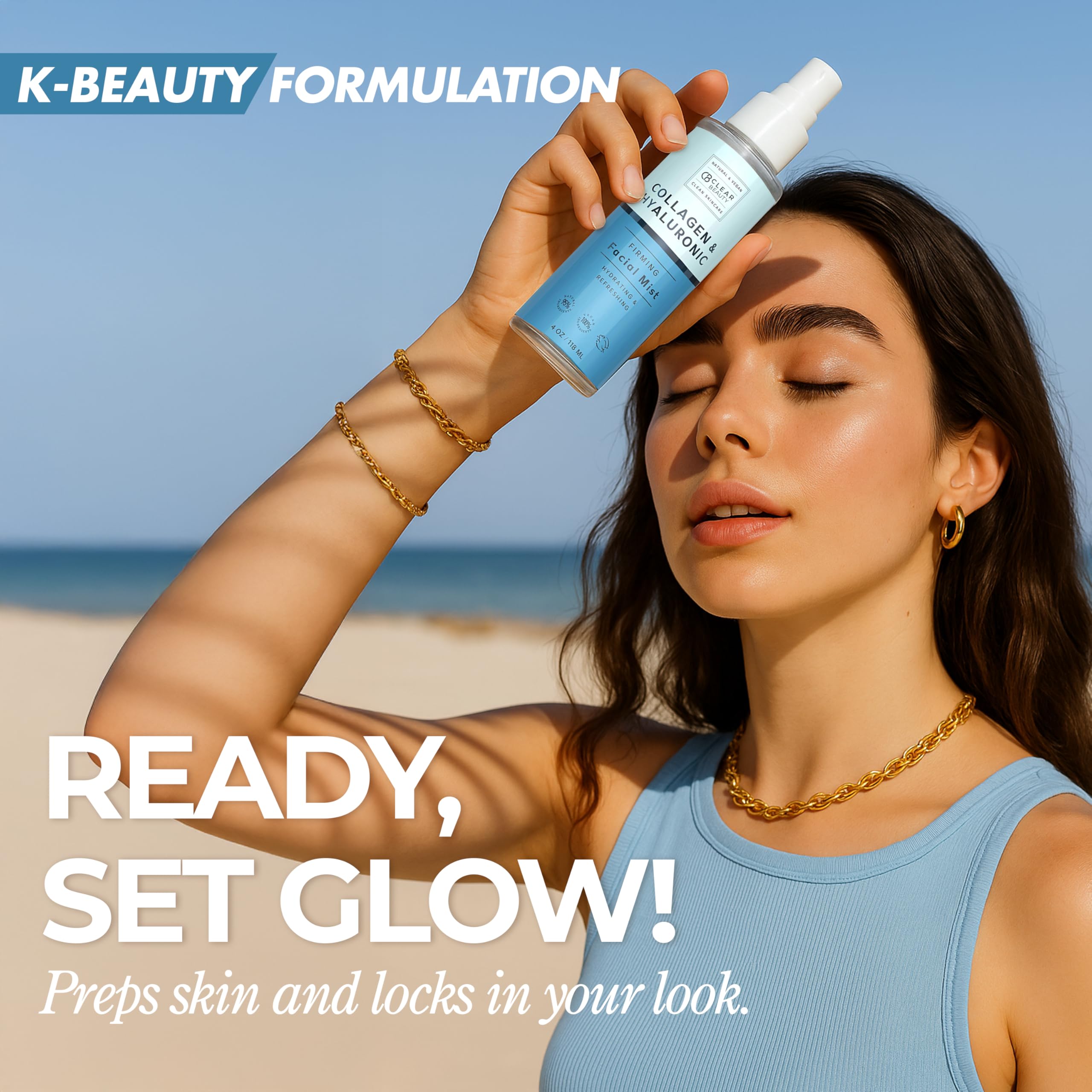 Clear Beauty face mist spray application shows quick, lightweight hydration and glow.