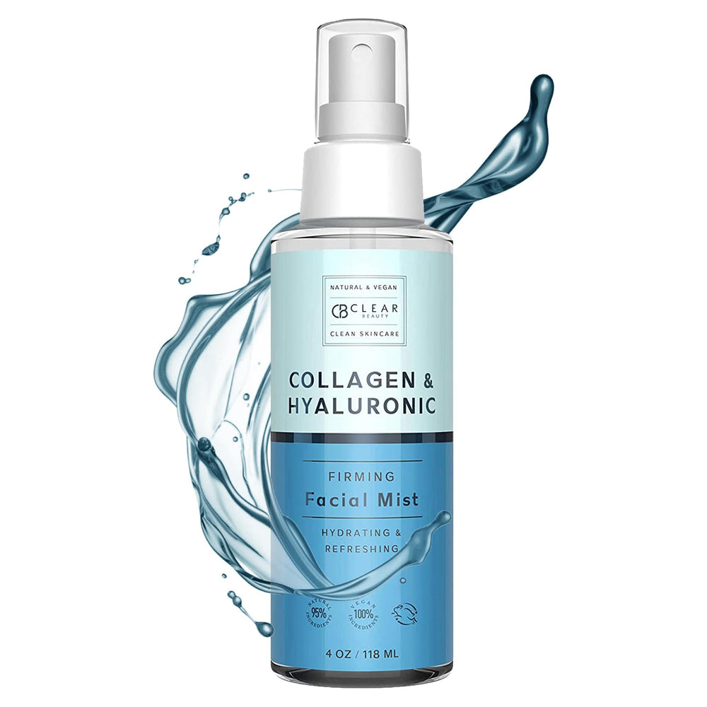 Clear Beauty Hyaluronic Acid & Collagen Face Mist bottle demonstrates hydrating formula for radiant skin.