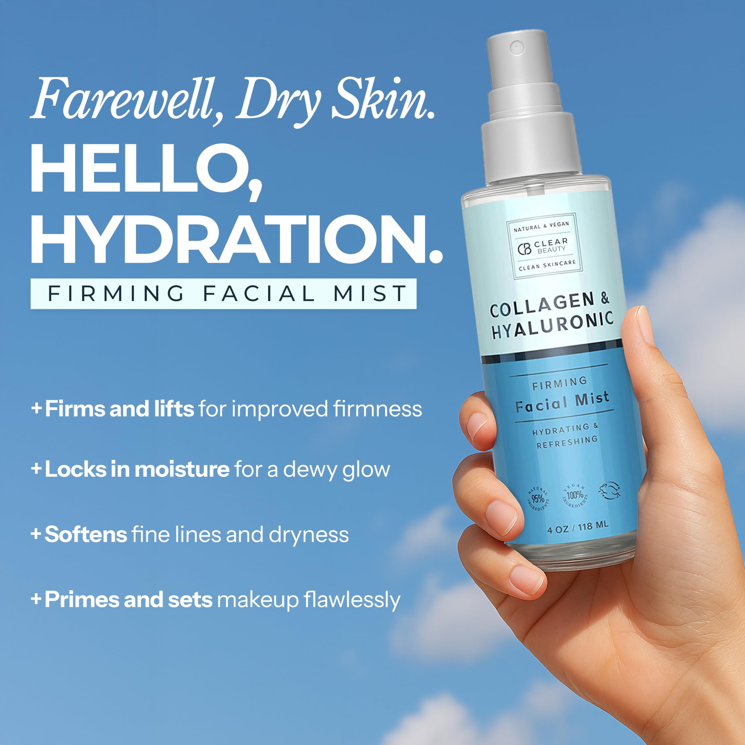 Clear Beauty hyaluronic acid focus highlights deep hydration for plump skin.