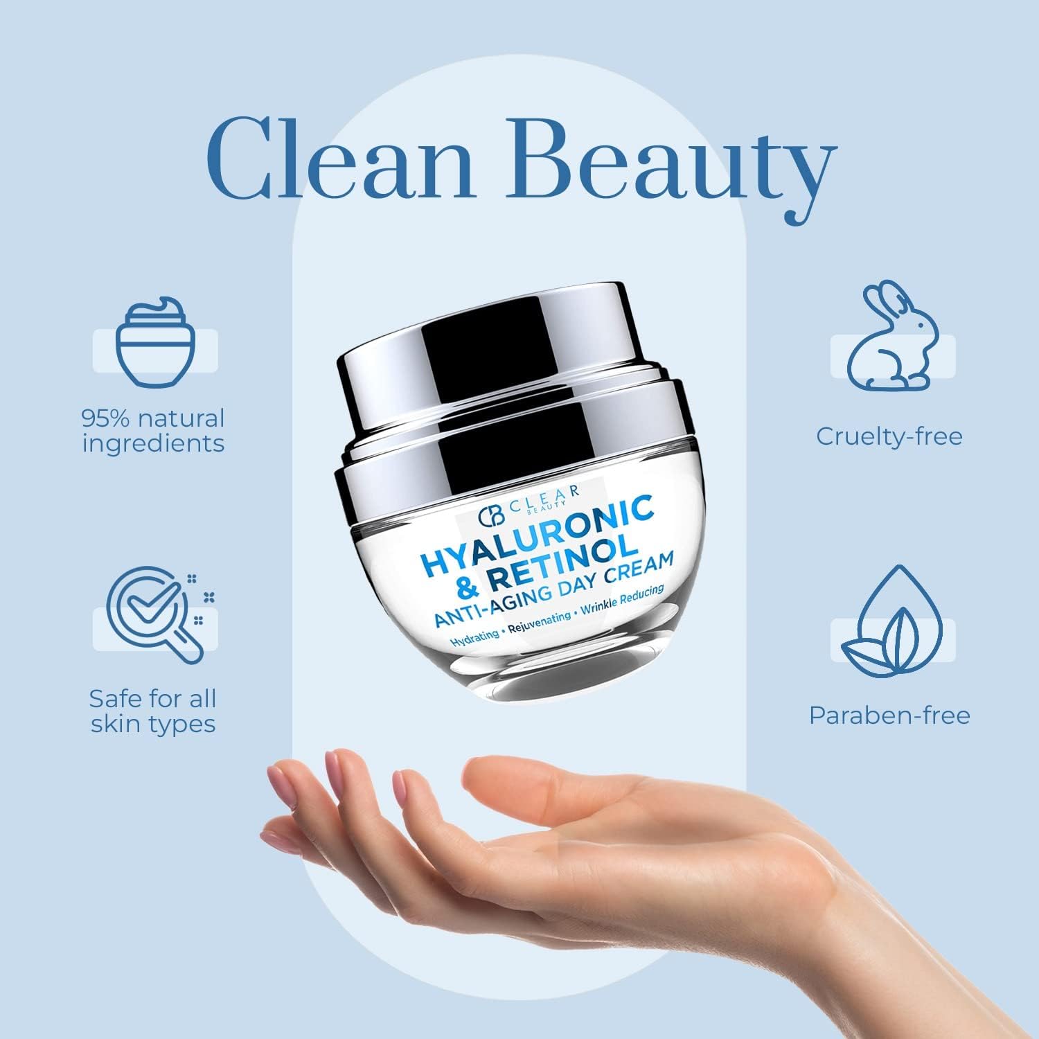 Clear Beauty Hyaluronic Retinol ingredient label emphasizes natural components for clean skincare