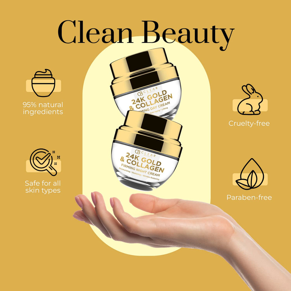Clear Beauty 24K gold and collagen ingredients board highlighting skin-plumping components