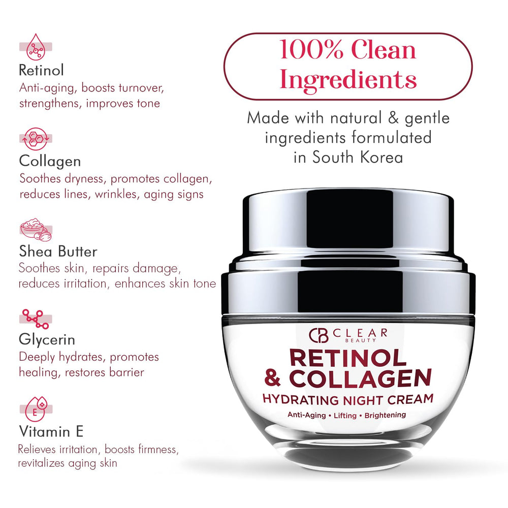 Clear Beauty Night Cream packaging showcases clean, vegan K-beauty roots and dermatologist-tested assurance.