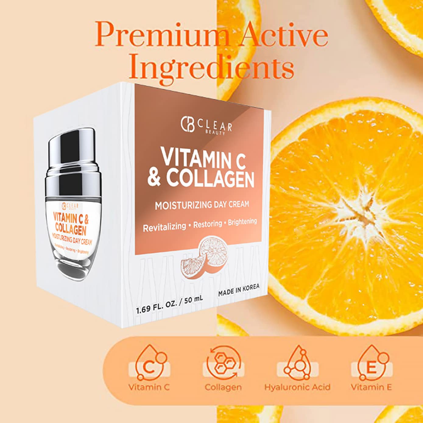 Clear Beauty Vitamin C & Collagen bottle on vanity ready for daily use.