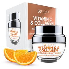 Clear Beauty Vitamin C & Collagen moisturizer jar showing hydration for radiant skin.