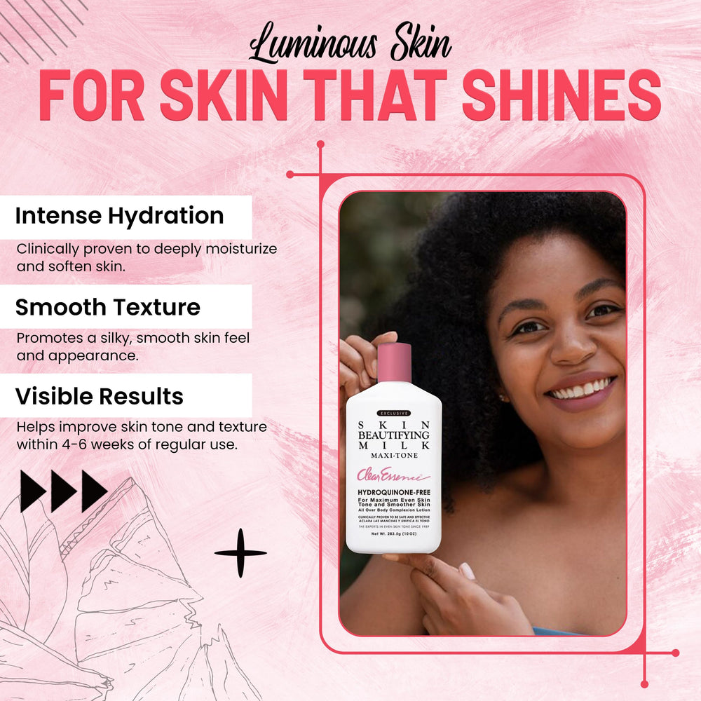 Clear Essence Exclusive Skin Beautifying Milk glow-shot suggests radiant hydration and even texture