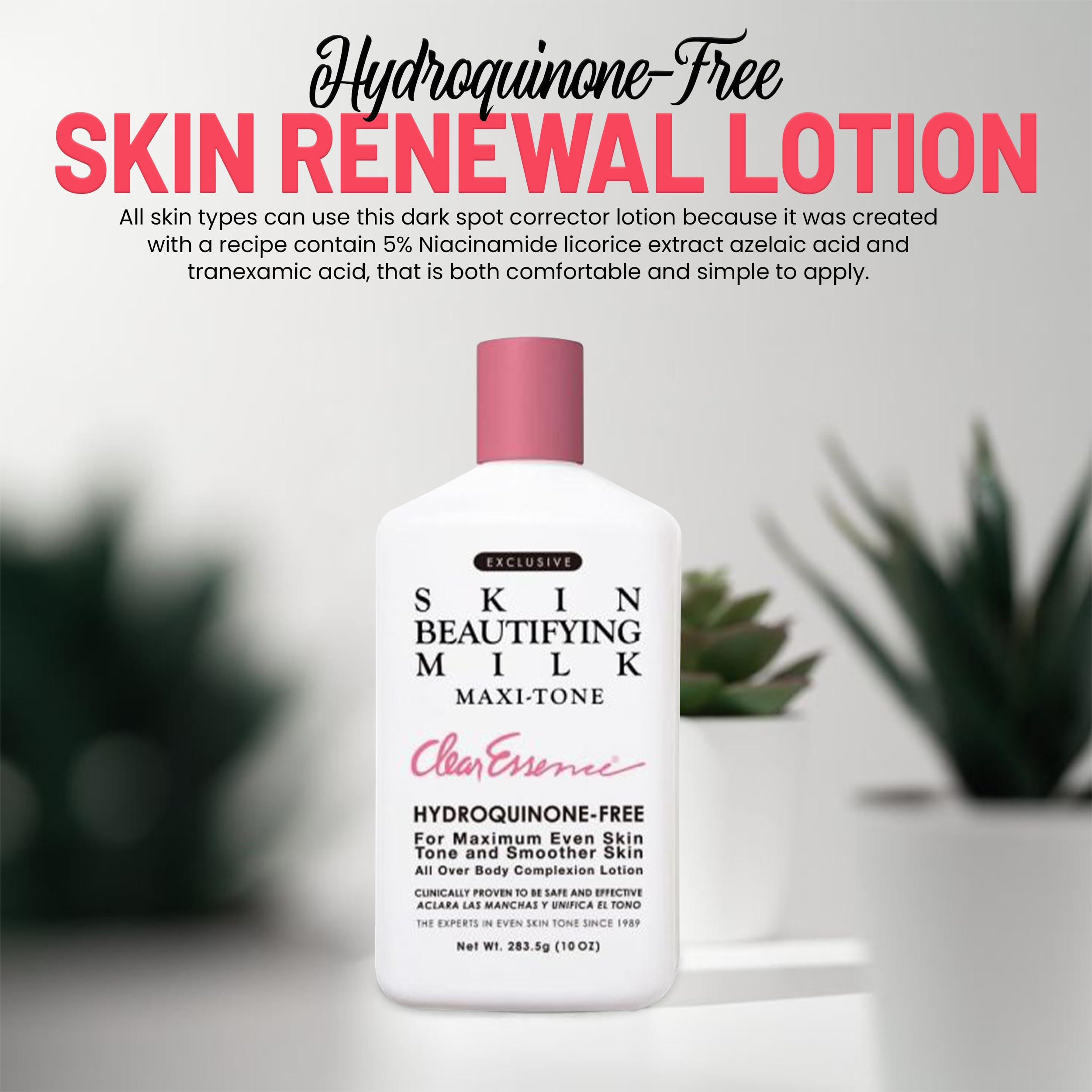 Clear Essence Exclusive Skin Beautifying Milk packaging showcases a 10 oz bottle for home use